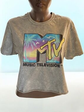 Reserved Gray Crop Tee with Multicolor Retro MTV Logo